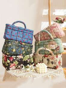 Floral Pattern Storage Basket Women Quilted Floral Laundry Baskets Small Storage Bin Laundry Organizers Easy Carry Handles Hampers Travel Tote Bag - Multicolor - View 1