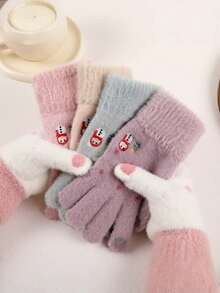 A Pair Of Korean-Style Cute Snowman Embroidered Plush Gloves, Touchscreen-Compatible Gloves, Christmas Atmosphere Gloves, Christmas-Style Gloves, With Cute Snowman Patterns, Women's Winter Fleece-Lined Warm Gloves.