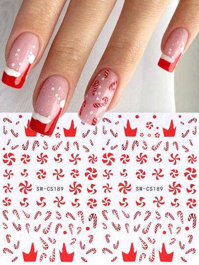 3D Cute Red Christmas Nail Stickers 2pcs Cartoon Red White Christmas Hat Candy Cane Thread Line French Manicure Design DIY Winter Xmas Kawaii Self-Adhesive Flower Sliders Nail Art Decoration