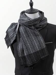 1pc Men's New Herringbone Pattern Faux Cashmere Business Formal Overcoat, Wool Coat With Scarf