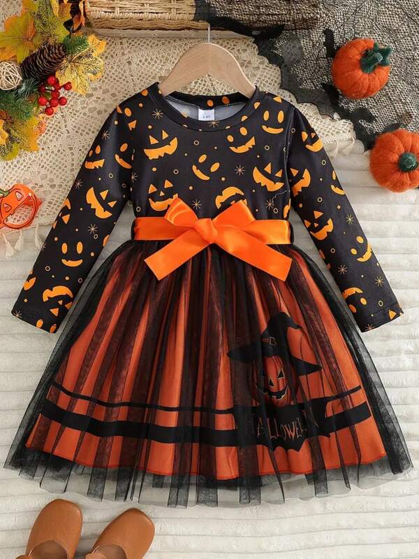 Robe pull en tricot avec motif citrouille, jupe en maille et ceinture, convient pour les fêtes d'Halloween, automne/hiver