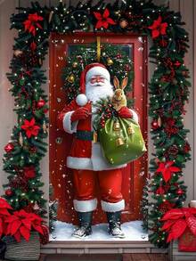 1pc Christmas Santa Claus & Rabbit Snowy Landscape Polyester Door Banner, Holiday Hanging Decor, Suitable For Christmas New Year Home/Shop Door Wall Decoration - Multicolor - View 5