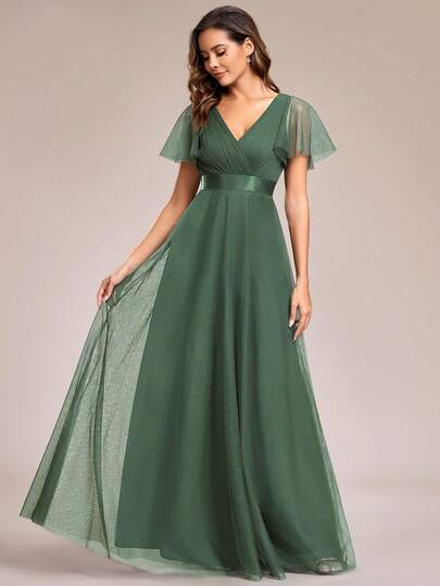 Fall Elegant V Neck Maxi A-Line Tulle Green Bridesmaid Dress Wedding Guest Dress For Wedding Party Formal Event New Year Chriatmas