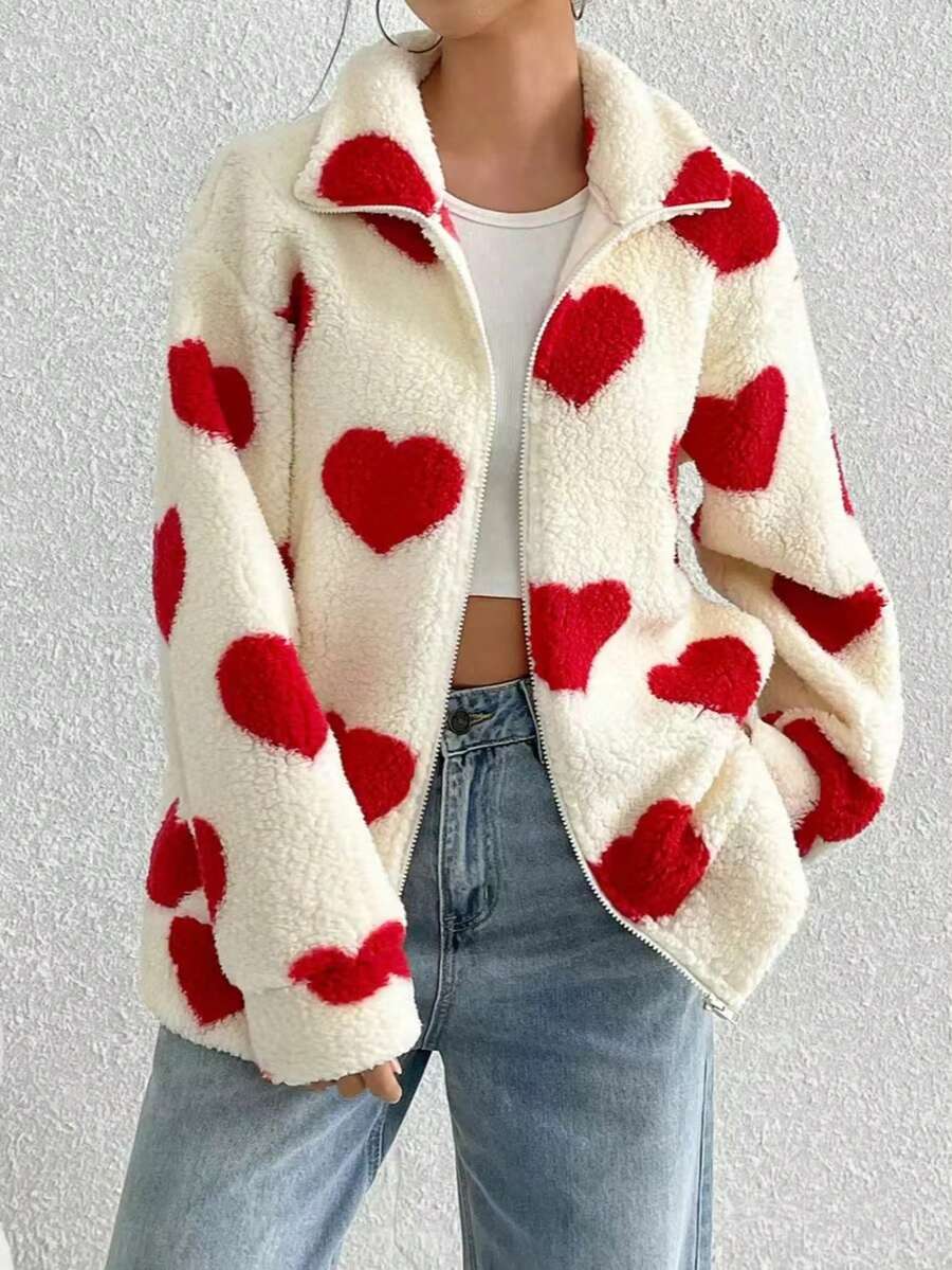 Women's Oversized Heart Print Fluffy Long Sleeve Zip-Up Cardigan, European And American Style, Autumn/Winter