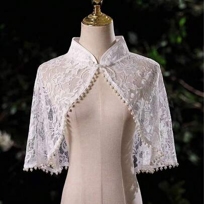 1pc Women Lace Pearl Shawl Cloak, Fashion Lace Collar Shawl Wrap, Suitable For Wedding Dress, Evening Gown, Versatile Lace Shawl Cardigan Outerwear Fall Clothes For Women