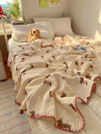 1pc 100% Cotton Baby Blanket, Cute Dachshund Pattern With Shell Trim Design, Machine Washable, Multipurpose For Office, Summer Quilt, Bath Towel, No Pillow Case