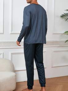 男士条纹字母印花圆领长袖上衣和纯色长裤两件套休闲家居服套装，春秋季 - 彩色 - 查看 2
