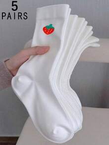 1/3/5/10/15/20 Đôi Tất nữ trơn màu dễ thương họa tiết quả dâu tây miệng rộng thoải mái kiểu dáng đơn giản sau sinh, tất dài đến bắp chân thấm hút mồ hôi - trắng - Xem 21
