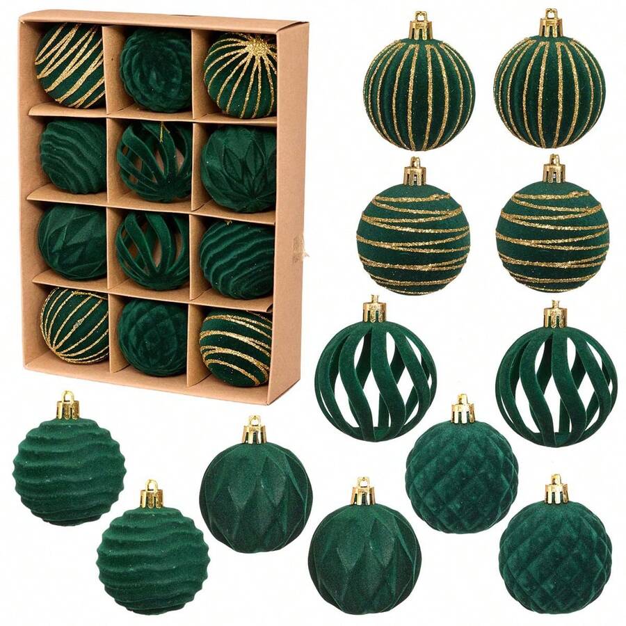 Christmas Velvet Ball Ornaments Set, 12 Pcs Shiny/Cutout Christmas Tree Ball Hanging Decorations - 橄欖綠 - 查看 1