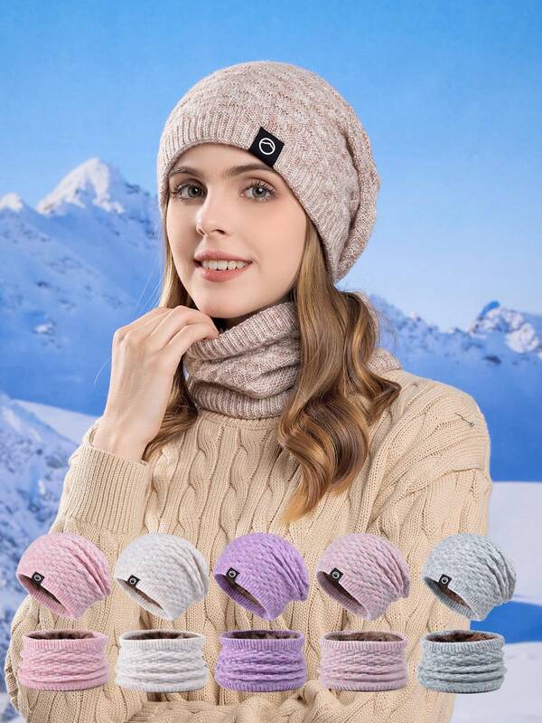 مجموعة من 2 قطعة قبعة وشال محبوك للنساء، قبعة وغطاء رقبة مبطن دافئ مقاوم للرياح للخريف والشتاء، ملابس خريفية فاخرة