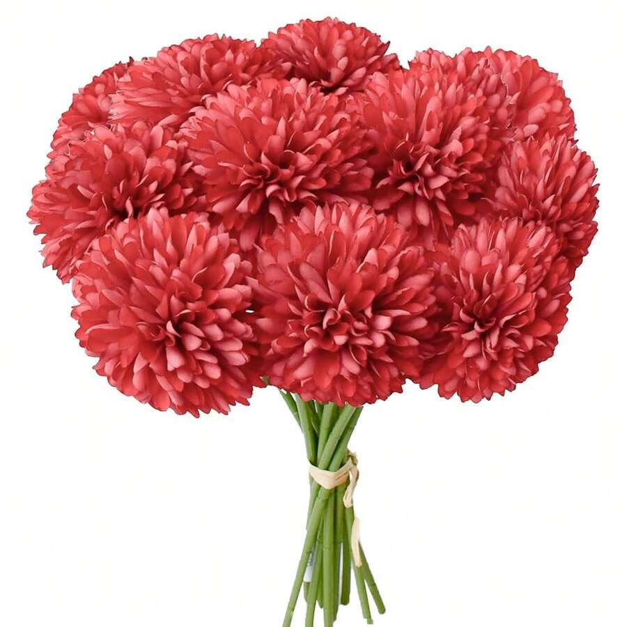 Burgundy Artificial Ball Chrysanthemum 12 Stems Faux Flowers With Bendable Stems For DIY Wedding Centerpiece Fall Decor Home Arrangements-384251 - Red12 - 查看 1