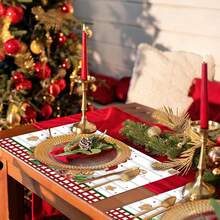 1/4/6 pezzi Tovagliette natalizie, a righe grigie e bianche con bordo nero e rosso, con 2 simpatici disegni di omini di pan di zenzero, adatte per decorare la tavola di feste, festa, cene, cucina e casa, decorazioni natalizie, ristoranti, centrotavola, autunno, in poliestere, adatte per uso quotidiano, feste, compleanni, matrimoni, cene