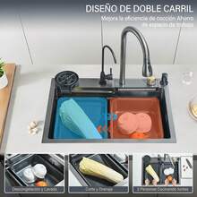Regalo de Navidad Fregadero de Cocina en Cascada(60*45cm) Fregadero de Cocina Empotrado Tazón Individual 04 Estación de Trabajo de Fregadero de Cocina de Acero Inoxidable con Grifo Extraíble y Múltiples Accesorios Regalo de mudanza - Blanco (60 cm * 45 cm) - Ver 9