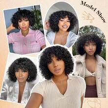 Short Water Wave Bob Wig With Bangs Human Hair Glueless Curly Wigs For Women Natural Black (14 Inch, Put On And Go Style) - Natural Black - 查看 2
