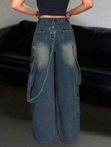 Women's Mid-Rise Casual Washed Denim Straight-Leg Pants With Multiple Pockets, Loose And Comfortable, Suitable For Street, Campus, Travel, Party, Music Festival Pantalones Jeans De Mujer - 深藍色 - 查看 2