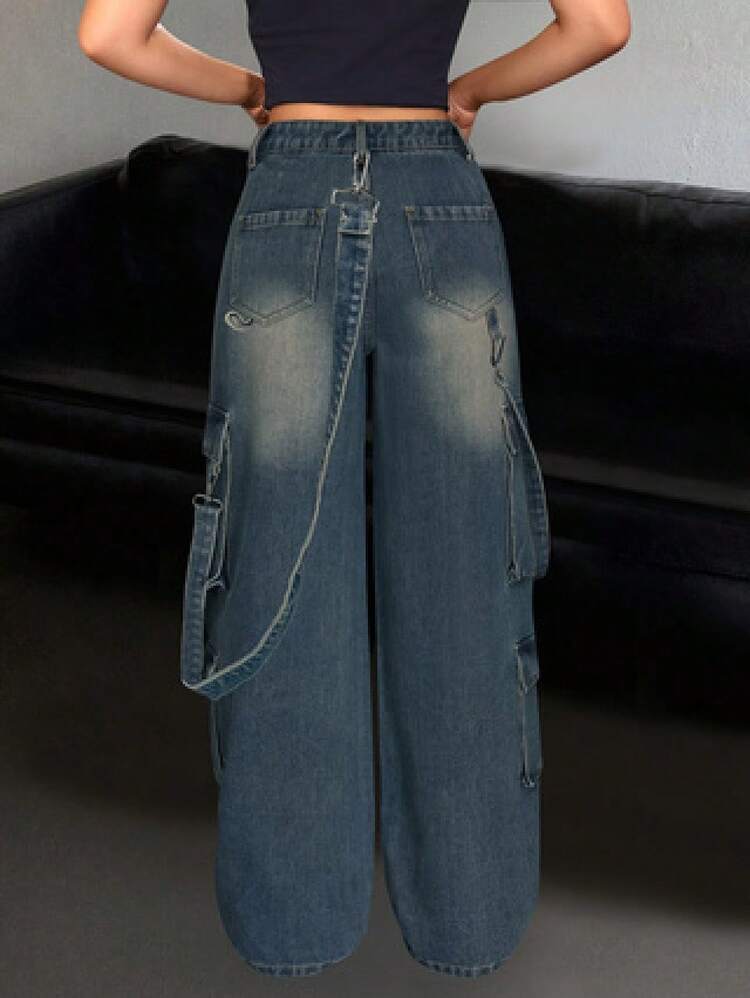 Women's Mid-Rise Casual Washed Denim Straight-Leg Pants With Multiple Pockets, Loose And Comfortable, Suitable For Street, Campus, Travel, Party, Music Festival Pantalones Jeans De Mujer - 深藍色 - 查看 2