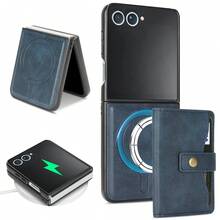 Vintage Magnetic Wallet Phone Case + Magnetic Card Holder Set Made Of Quality PU + TPU With Shockproof, Anti - Slip & Wear - Resistant Functions - Galaxy Z Flip 5, Galaxy Z Flip 6 - Màu xanh lam - Xem 3