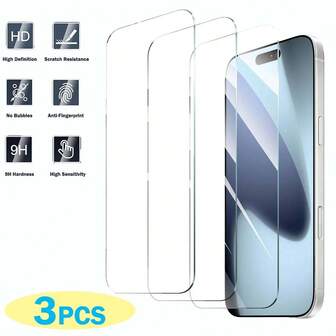 3-PCS A+ Tempered Glass High Defxinition Screen Protector For I Phone 16 Pro/16/15 Pro Max/I Phone 14 Pro/14 Pro Max/13/12/11/XS MAX/XR Plus Series For Birthday,Family,Friend Gifts,Screen Protector For I Phone 14 15 16 Pro Max Glass Full HD Coverage,Anti-Fingerprint,0.3MM Thickness,Super Smooth Sliding Experience