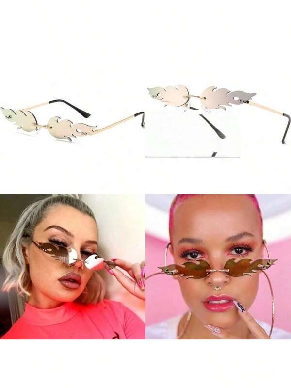 1 pièce Lunettes de soleil à la mode sans monture en forme de flamme dégradé arc-en-ciel, convient pour les festivals de musique, les carnavals, les fêtes, pour hommes et femmes, dégradé vert, bleu, rouge, style Saint-Valentin, Y2K, en acrylique de haute qualité