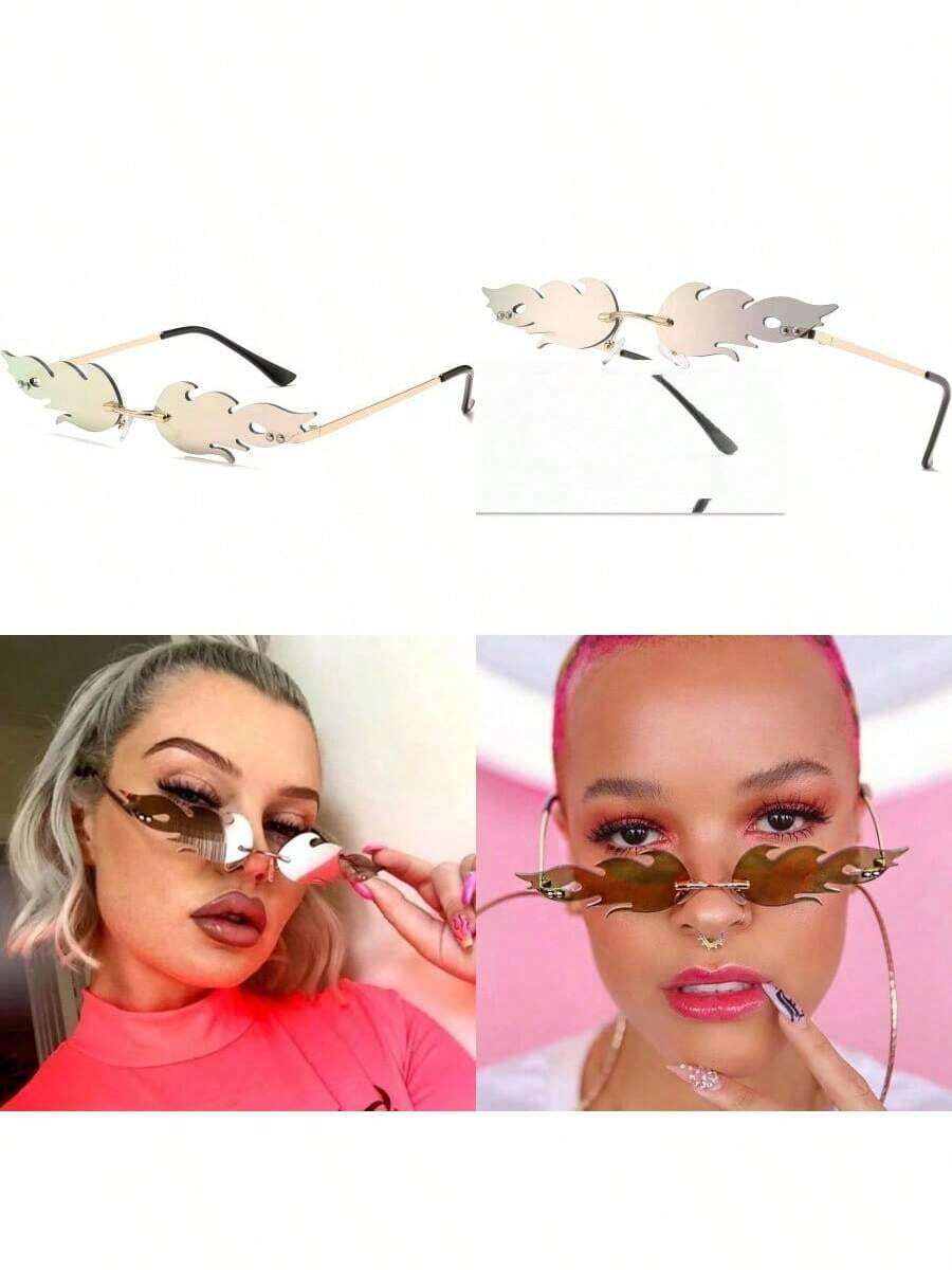 1 pièce Lunettes de soleil à la mode sans monture en forme de flamme dégradé arc-en-ciel, convient pour les festivals de musique, les carnavals, les fêtes, pour hommes et femmes, dégradé vert, bleu, rouge, style Saint-Valentin, Y2K, en acrylique de haute qualité