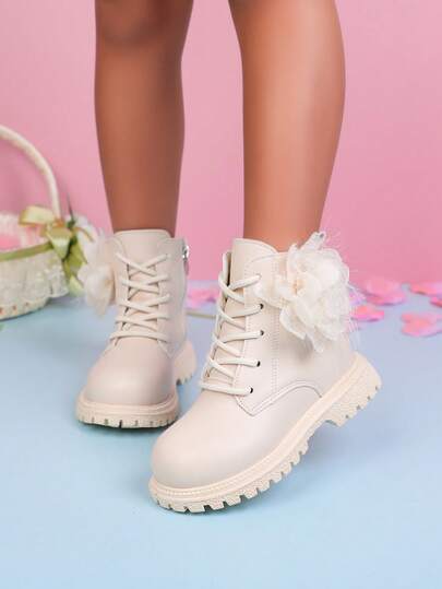 1 Pair Girls Classic Fashion Anti-Slip Boots, PU Glossy Side Zipper Floral Decor, Princess Style Children Dress Boots, Suitable For Outdoor, Party, Photo Shoot And Daily Wear (Random Sole)