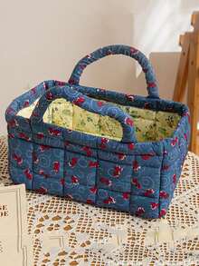 Floral Pattern Storage Basket Women Quilted Floral Laundry Baskets Small Storage Bin Laundry Organizers Easy Carry Handles Hampers Travel Tote Bag - Multicolor - View 16