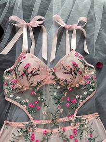 女士性感内衣花卉刺绣网眼肩带设计粉色紧身衣，甜美透明迷人性感胸罩紧身衣，适合情人节、蜜月、卧室、夜总会 - 粉色 - 查看 4