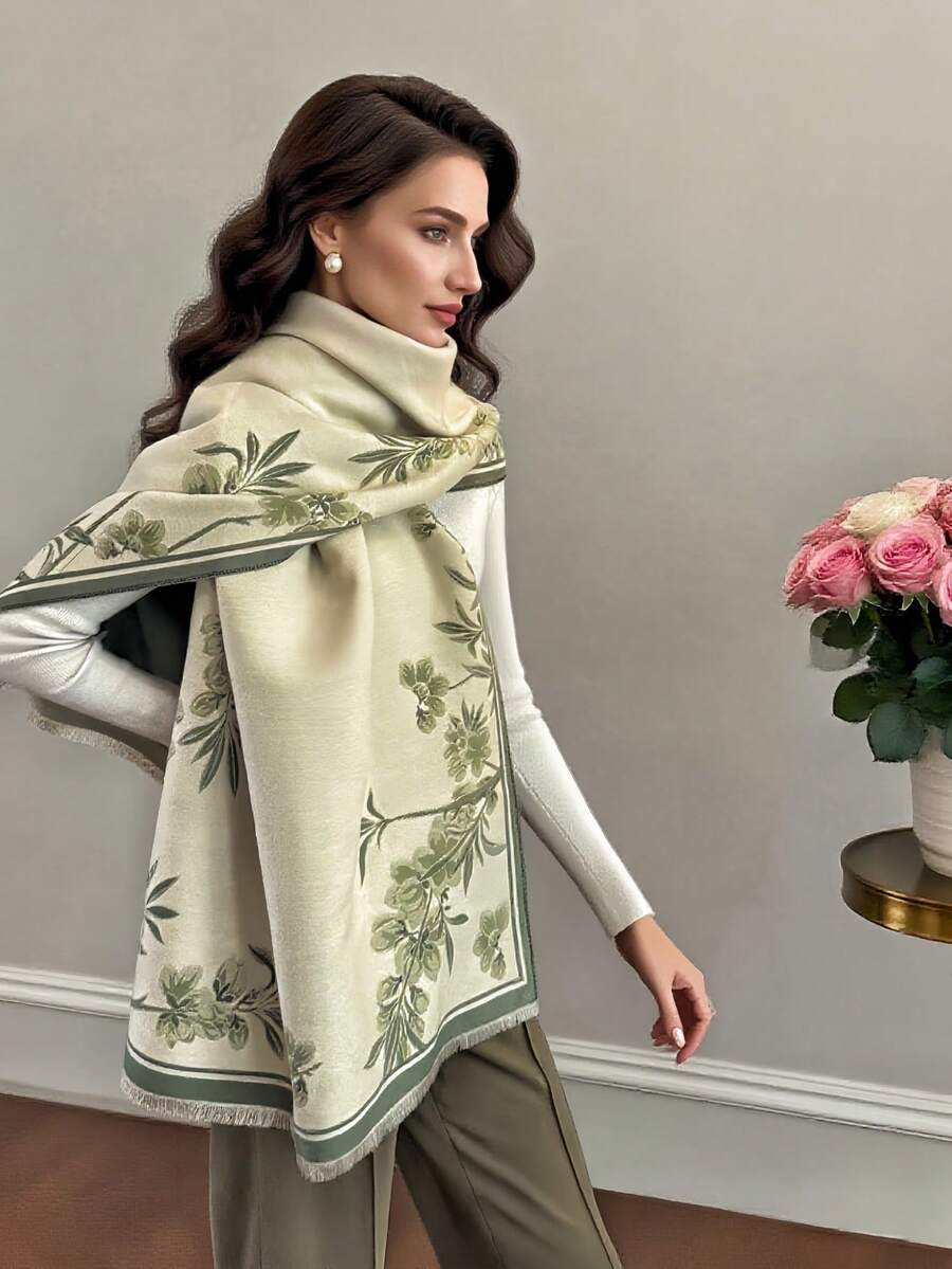 1 pezzo Sciarpa finta in cashmere con motivo floreale minimalista, elegante sciarpa da collo in jacquard finto cashmere calda, versatile per l'autunno/inverno, adatta per abbinamenti e decorazioni quotidiane, sciarpe invernali da donna per abiti - Verde Oliva - Visualizzare 1