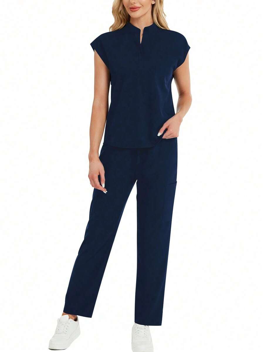 2pcs Solid Color Notched Neck Top And Pants Uniform Set Scrub Set - 藏蓝色 - 查看 1