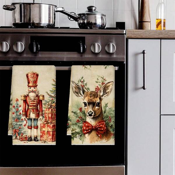 2pcs/Set Christmas Happy Kitchen Towels, Nutcracker Pattern Decor, Super Soft Absorbent Dish Cloths, Vintage Tea Towels, Cartoon Christmas Holiday Theme Gifts, Kitchen & Bathroom Christmas Decor, 40*60cm