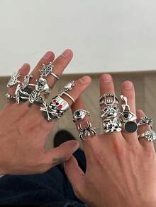 12pcs/Set Fashionable Punk Geometric Metal Rings, Feather Pattern Design, Adjustable Knuckle Rings, Men's Hip Hop Charm Jewelry, Ideal Gift