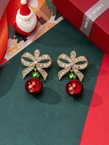 1 Pair Elegant Christmas Earrings, Ribbon Bow Design Zinc Alloy With Glass Rhinestone And Colorful Beads, Suitable For Women To Celebrate Christmas, New Year Party And Festival