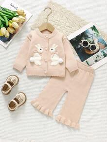 2pcs Baby Girls Cute Rabbit Bow Pattern Pink Long Sleeve Knitted Cardigan And Pink Knitted Pants Set, Comfortable And Warm, Suitable For Daily, Vacation, School, Spring, Autumn, Winter