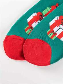 1 par de calcetines con tema navideño de gato, base verde con ribete rojo, patrón de muérdago y regalo, unisex, atuendo navideño, regalo, otoño - Multicolor - Ver 5