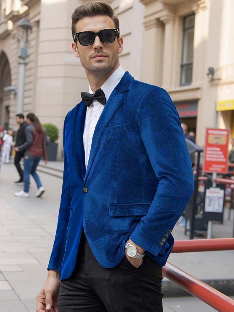 Men's Solid Color Lapel NeckLong Sleeve Single-Breasted Casual Suit Jacket - Navy Blue - View 1