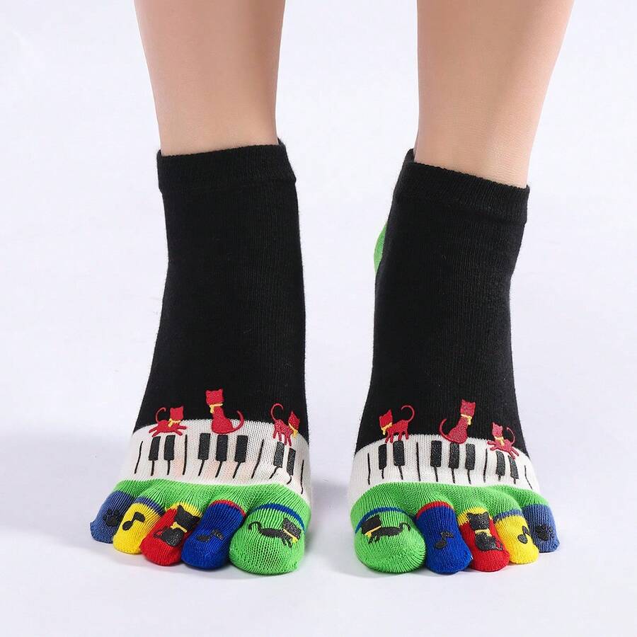 Cartoon Cat & Piano Key Pattern Toe Socks - Multicolor - View 1
