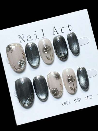 10 片手工按压指甲，假指甲，美容美甲，可爱指甲，按压短指甲，清新可爱的爱国油画风格，适合女性和女孩日常或节日穿着，高端品质