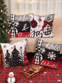 4 piezas Funda de almohada decorativa de Navidad, Funda de almohada con patrón de bola de Navidad y árbol de Navidad retro, Suministros para fiestas de Navidad, Funda de almohada de poliéster amigable con la piel, Decoración navideña para patio y jardín, Fundas de almohada para exteriores