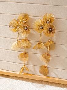 1 Pair Alloy Gold-Plated Earrings, Dreamy & Beautiful! Flower & Leaf Rhinestone Decor, Women's Earrings, Eye-Catching For Dates & Outings (Shipped On Card)