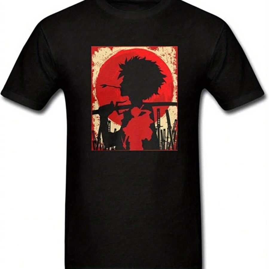 Men's Samurai Sunset Graphic T-Shirt - Mugen Champloo Inspired Black Cotton Tee, Casual Fit, Comfortable & Stylish For Spring/Fall, Machine Washable, Anime Clothes Suitable For Campus Wear, Party Gathering, Daily Wear, A Good Choice Loose Round Neck Short Sleeve T-Shirt - màu đen - Xem 1