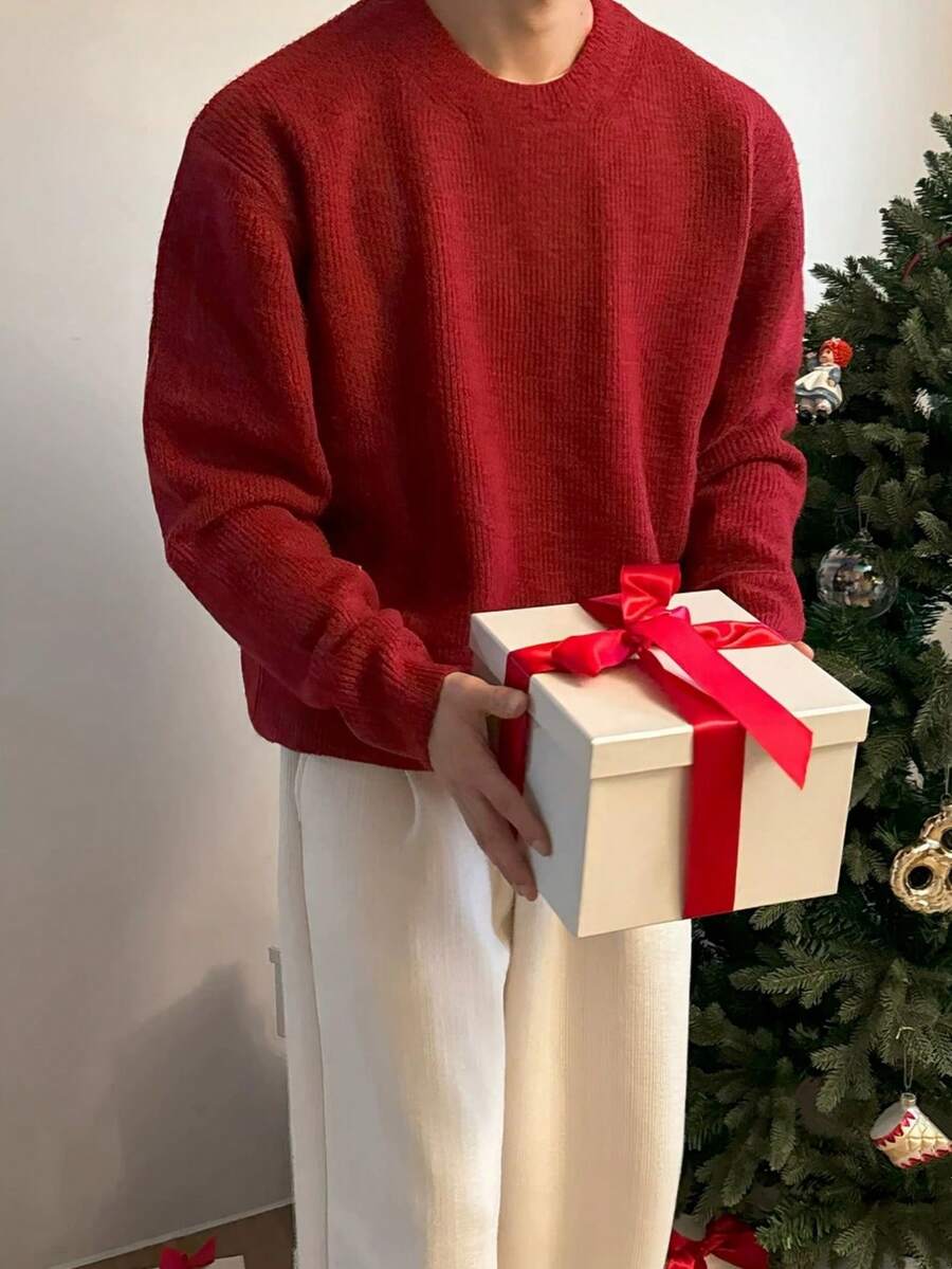 Maglione girocollo da uomo ispirato al Natale, casual, vintage, minimalista, in maglia a tinta unita, adatto per l'uso all'aperto, autunno inverno