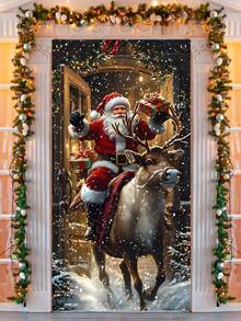 1pc Christmas Santa Claus & Rabbit Snowy Landscape Polyester Door Banner, Holiday Hanging Decor, Suitable For Christmas New Year Home/Shop Door Wall Decoration - Multicolor - View 8