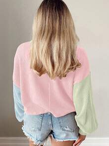 Acelitt Camiseta casual holgada de cuello redondo con textura y contraste de colores para mujer talla grande, adecuada para primavera y otoño - Multicolor - Ver 2
