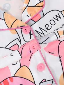 2pcs/Set Girls & Teens Casual Cartoon Cat Print Lapel Long Sleeve Cardigan And Pants Sleepwear Set, Flame Retardant, All Season