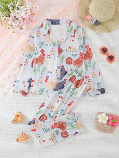 Set de 2 piezas de pijama informal para niñas y adolescentes con estampado de pollito de dibujos animados en el cárdigan de manga larga con cuello y pantalones, retardante de llamas, para todas las estaciones