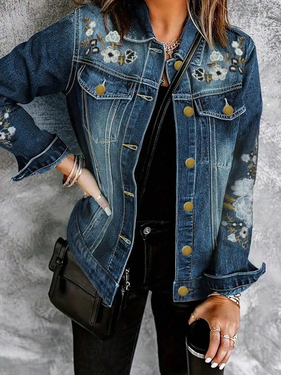Floral Embroidery Button Down Denim Jacket For Women | Long Sleeve Casual Jean Coat Fall And Winter Denim Clothes For Women - 淺色水洗藍 - 查看 1