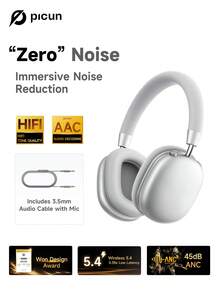 Picun F5 35dB ANC 50H Playtime Custom EQ, Protein-Leather Cushions, Silver, Over-Ear Wireless Headphones With 40mm Drivers Dual-Mic Noise Reduction Foldable Type-C Fast Charge 3.5mm Wired, Compatible With Iphone/Android/PC, Ideal For Travel & Work
