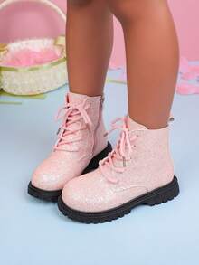 1 Pair Children's Fashion Casual Non-Slip Boots, Solid Color Shiny Lace-Up Design, Side Zipper Girls' Boots Suitable For Travel And Vacation (Random Sole)