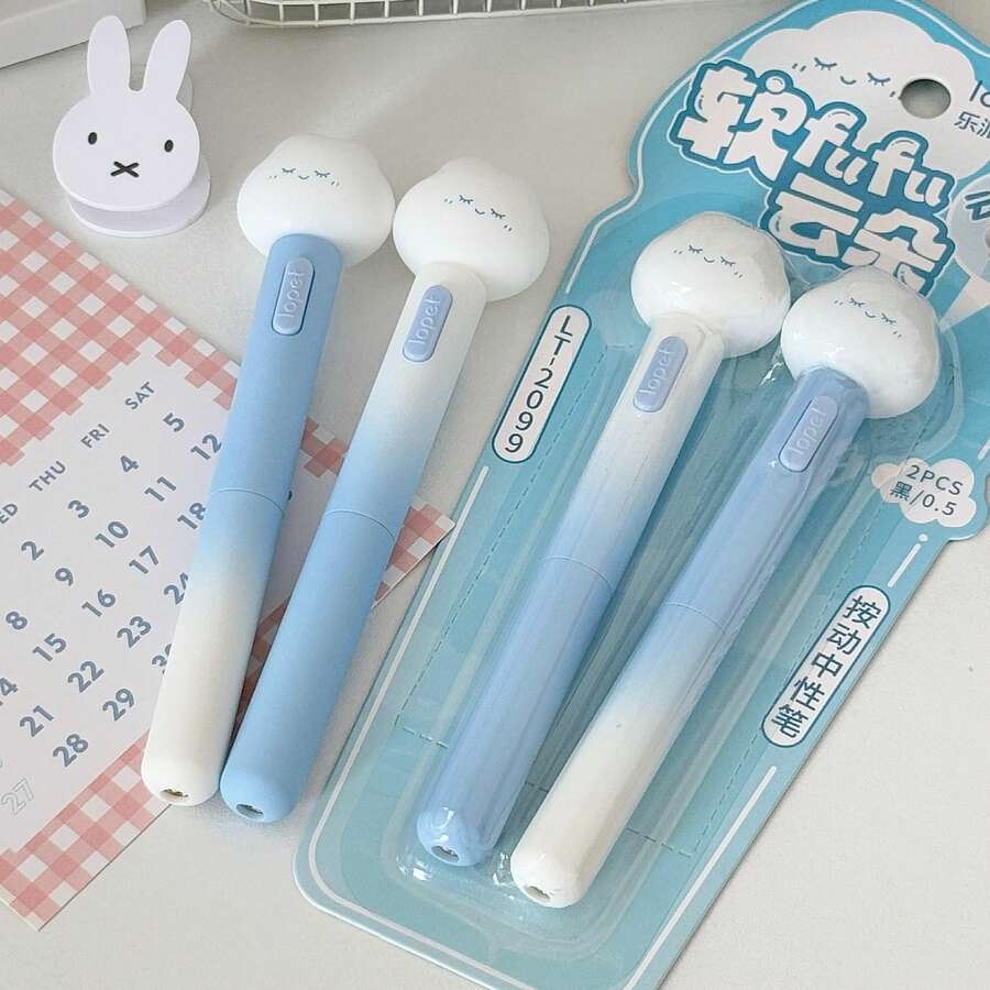 2pcs/Set Cute Smiling Face, Rabbit, Cat, Dog Push Button Pens, Cloud Shaped Retractable Ballpoint Pens With 0.5mm Refill, Suitable For Students - Black - View 1