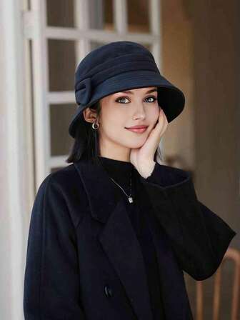 1 件女士秋季蝴蝶结渔夫帽，冬季长檐渔夫帽，复古优雅纯色温暖钟形帽，适合秋冬日常穿着秋季服装